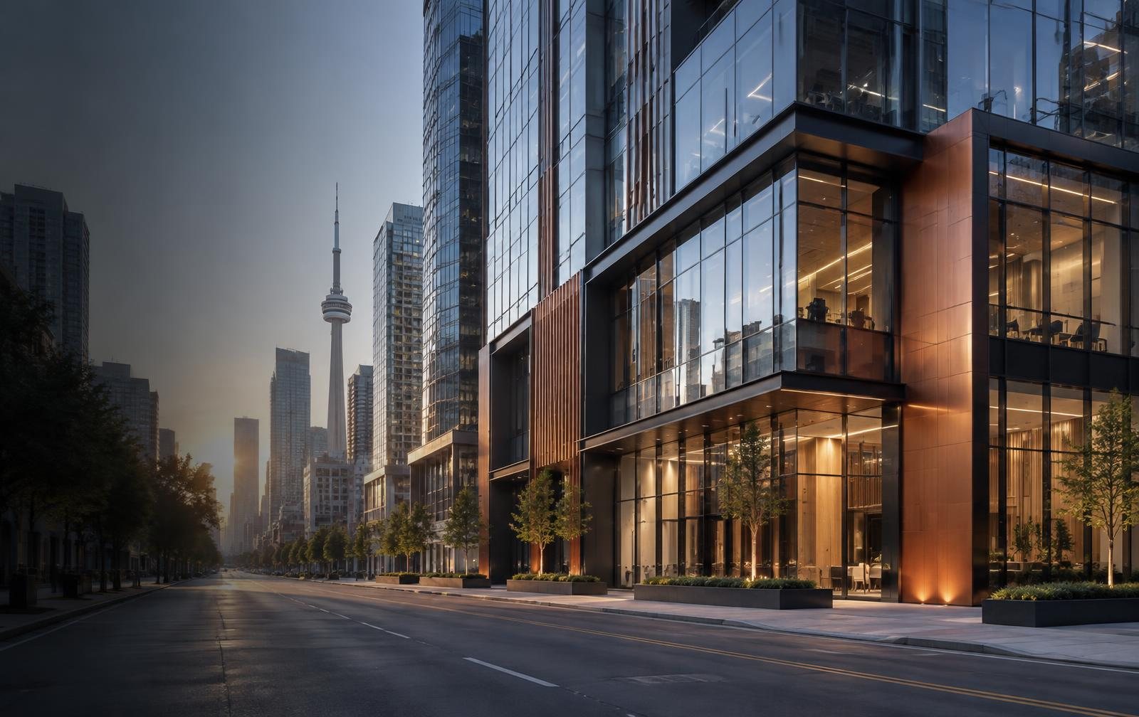 Modern Toronto office and retail commercial building with copper and glass exterior